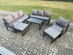 Rackhams Aluminium 6 Pieces Garden Furniture Set with Cushions 9 Seater Outdoor Patio Lounge Sofa Set with Armchair 2 Big Footstools Dark Grey - thumbnail 1