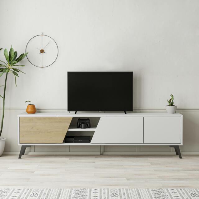 "Rackhams Fiona Modern TV Unit Multimedia Cabinet with Storage Doors 75"" Oak White 180cm - Oak White" - image 1