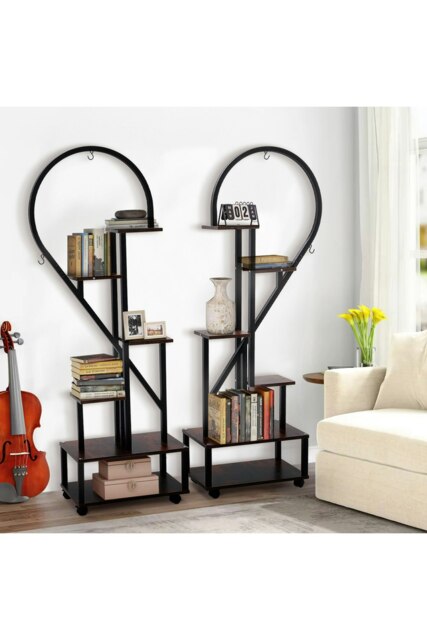 Rackhams 2Pcs Half-Heart-Shaped Tiered Plant Stand Metal Flower Stand Holder Rack Book Shelf - Dark Brown - image 1