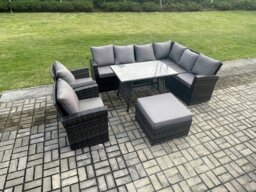 Rackhams High Back Outdoor Garden Furniture Set Rattan Corner Sofa Dining Table Set With 2 Armchairs Big Footstool 9 Seater Dark Grey Mixed - thumbnail 1
