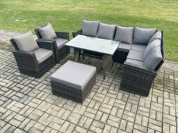 Rackhams High Back Outdoor Garden Furniture Set Rattan Corner Sofa Dining Table Set With 2 Armchairs Big Footstool 9 Seater Dark Grey Mixed - thumbnail 2
