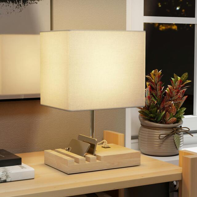 Rackhams Table Lamp with 3 Slots, Bedside Lamp with Solid Wood Base - White - image 1