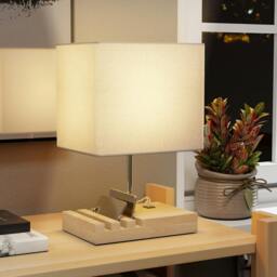 Rackhams Table Lamp with 3 Slots, Bedside Lamp with Solid Wood Base - White