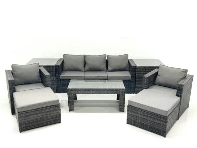 Rackhams 7 Seater Rattan Garden Furniture Set Outdoor Lounger Sofa with Coffee Table 2 Armchair 2 Big Footstools 2 Side Tables Dark Grey Mixed - image 1