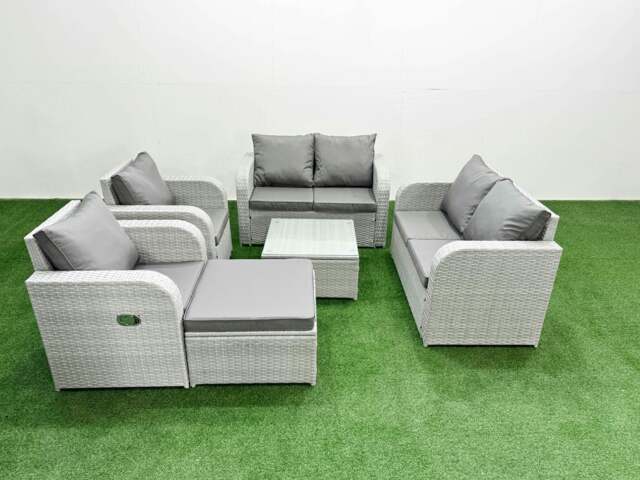 Rackhams 7 Seater Outdoor Reclining Chair Love Sofa Set Rattan Garden Furniture Set with Square Coffee Table Footstool Light Grey - image 1