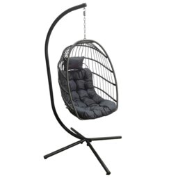 Rackhams Hanging Egg Chair With Stand Waterproof Cover And Cushions Steel Frame Rattan Outdoor Swing Chair - Grey - thumbnail 2