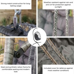 Rackhams Hanging Egg Chair With Stand Waterproof Cover And Cushions Steel Frame Rattan Outdoor Swing Chair - Grey - thumbnail 6