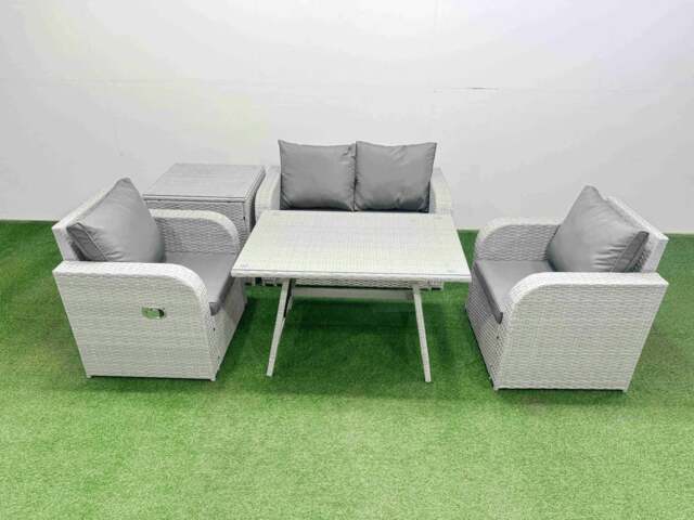 Rackhams Light Grey PE Wicker Rattan Garden Furniture Set Sofa Set Reclining Chair Love Sofa Rectangular Dining Table Side Table - image 1