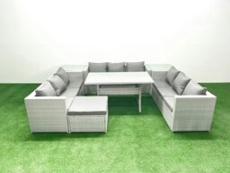 Rackhams Rattan Garden Outdoor Furniture Set 10 Seater Garden Sofa Rectangulr Dining Table Set with Big Footstool 2 Side Tables Light Grey Mixed - thumbnail 1