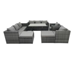 Rackhams Rattan Dining Table Sofa Set with Armchair 2 Big Footstools Outdoor 10 Seat Garden Furniture Set Dark Grey Mixed - thumbnail 2
