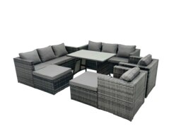 Rackhams Rattan Dining Table Sofa Set with Armchair 2 Big Footstools Outdoor 10 Seat Garden Furniture Set Dark Grey Mixed - thumbnail 1