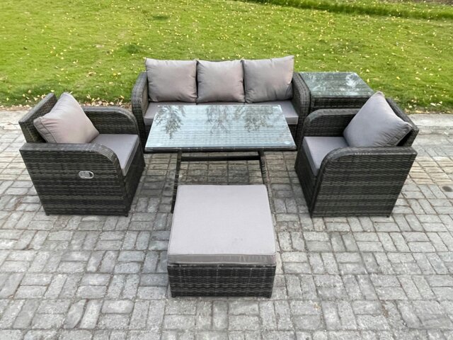 Rackhams Rattan Wicker Garden Furniture Patio Conservatory Sofa Set with Rectangular Dining Table Reclining Chair 3 Seater Sofa Big Footstool Side Table - image 1