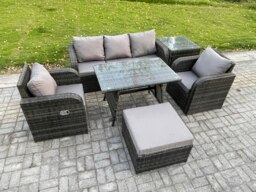 Rackhams Rattan Wicker Garden Furniture Patio Conservatory Sofa Set with Rectangular Dining Table Reclining Chair 3 Seater Sofa Big Footstool Side Table - thumbnail 2