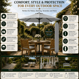 Rackhams Garden Parasol Table Umbrella 2.7M with Crank Handle, UV40 Protection, Free Protection Cover, Robust Steel - Light Grey - thumbnail 3