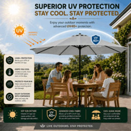 Rackhams Garden Parasol Table Umbrella 2.7M with Crank Handle, UV40 Protection, Free Protection Cover, Robust Steel - Light Grey - thumbnail 4