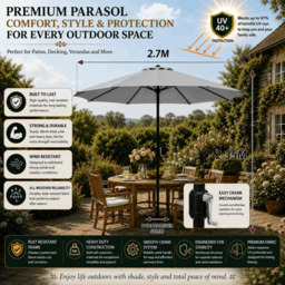 Rackhams Garden Parasol Table Umbrella 2.7M with Crank Handle, UV40 Protection, Free Protection Cover, Robust Steel - Light Grey - thumbnail 2