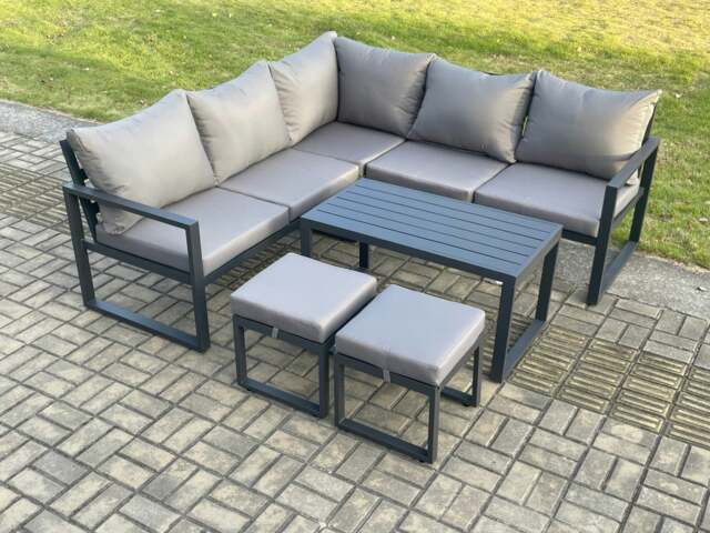 Rackhams Aluminium Outdoor Garden Furniture Set Lounge Sofa Oblong Coffee Table Sets with 2 Small Footstools Indoor Conservatory Set Dark Grey