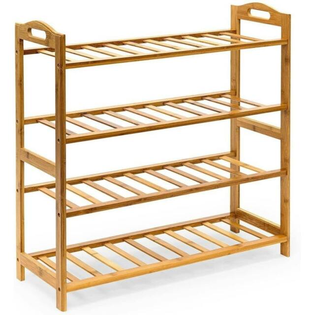 Rackhams 4-Tier Bamboo Shoe Rack Storage Shelf Wooden Storage Shelves Plants Shoe Storage Organizer - Shoe Rack - Brown - Bamboo - image 1
