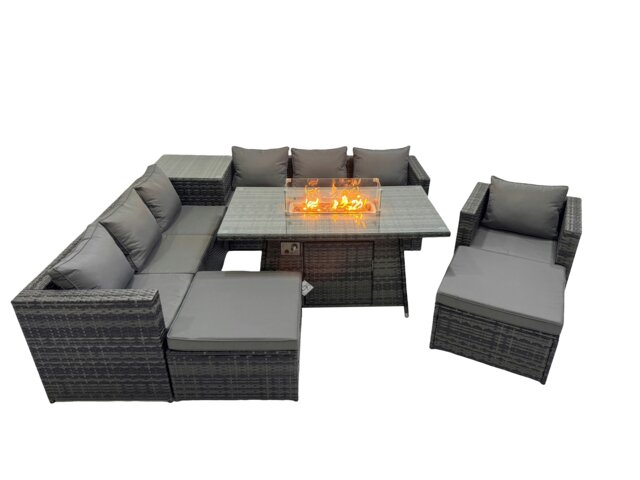 Rackhams 9 Seater Garden Outdoor Rattan Furniture Set Patio Corner Sofa Gas Fire Pit Dining Table with Side Table 2 Big Stools Dark Grey - image 1