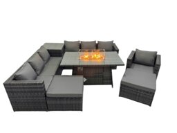 Rackhams 9 Seater Garden Outdoor Rattan Furniture Set Patio Corner Sofa Gas Fire Pit Dining Table with Side Table 2 Big Stools Dark Grey - thumbnail 1