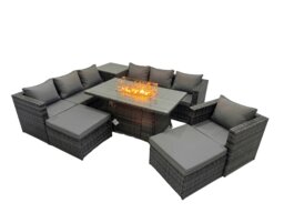 Rackhams 9 Seater Garden Outdoor Rattan Furniture Set Patio Corner Sofa Gas Fire Pit Dining Table with Side Table 2 Big Stools Dark Grey - thumbnail 2