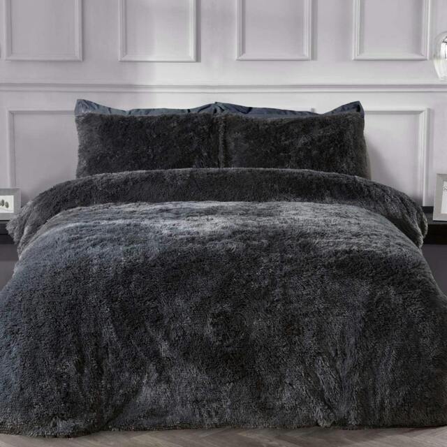 Rackhams Teddy Long Pile Faux Fur Duvet Cover with Pillowcases - Charcoal - Super King (220cm x 260cm) - image 1