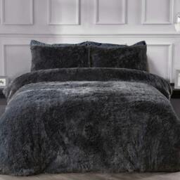 Rackhams Teddy Long Pile Faux Fur Duvet Cover with Pillowcases - Charcoal - Super King (220cm x 260cm) - thumbnail 1