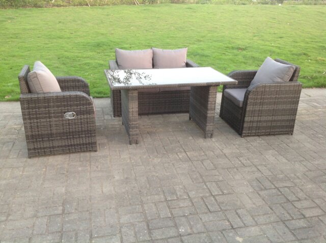 Rackhams Rattan Garden Furniture Set Adjustable Chair Double Love Seat 2 Seater Sofa Oblong Rectangular Black Glass Dining Table - image 1