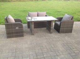 Rackhams Rattan Garden Furniture Set Adjustable Chair Double Love Seat 2 Seater Sofa Oblong Rectangular Black Glass Dining Table - thumbnail 1