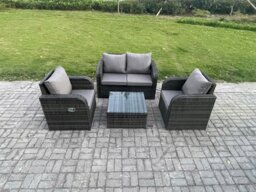 Rackhams Wicker PE Rattan Garden Furniture Set Outdoor Lounge Sofa Set with Love Sofa Square Coffee Table Dark Grey Mixed - thumbnail 1