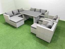 Rackhams 11 Seater Wicker PE Rattan Furniture Outdoor Dining Table 3 Seater Sofa Armchair Set with Side Table 3 Stools Light Grey - thumbnail 2