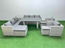 Rackhams 11 Seater Wicker PE Rattan Furniture Outdoor Dining Table 3 Seater Sofa Armchair Set with Side Table 3 Stools Light Grey - thumbnail 1