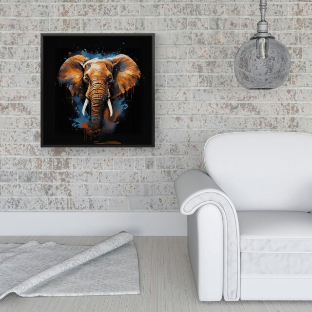 "Rackhams Splash Art Elephant Blue Framed Canvas - 16"" x 16"" - Black" - image 1