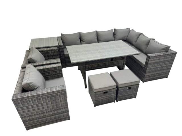 Rackhams Rattan Garden Furniture Set 10 Seater Corner Sofa Set with Dining Table 2 Chairs 2 Small Stools Side Table Dark Grey Mixed - image 1