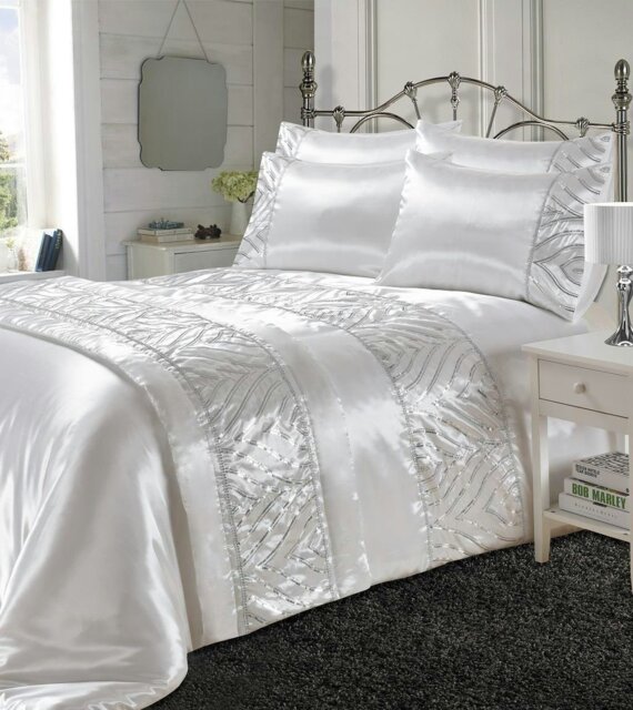 Rackhams Shimmer Duvet Cover Set Sequin Embellished Bedding White - White - King - Duvet Cover Set