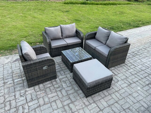 Rackhams 5 Piece Garden Furniture Sets 6 Seater Outdoor Patio Furniture Set Weaving Wicker Rattan Sofa Chair and Table with Big Footstool - image 1