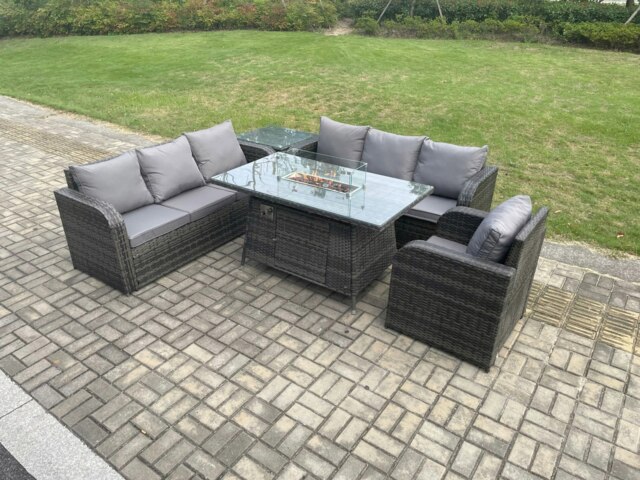 Rackhams Rattan Outdoor Furniture Gas Fire Pit Rectangle Dining Table Gas Heater Reclining Chair 3 Seater Sofa Sets with Side Table 7 Seater - image 1