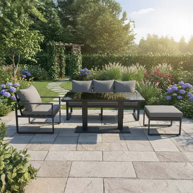 Rackhams 5 Seater Aluminium Garden Furniture Set with Adjustable Dining Table, 3 Seater Sofa, 1 Chair & Large Footstool - Dark Grey - image 1
