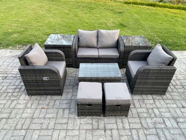 Rackhams Outdoor Lounge Sofa Set 6 Seater Rattan Garden Furniture Set with Rectangular Coffee Table 2 Small Footstools 2 Side Tables Dark Grey Mixed - image 1