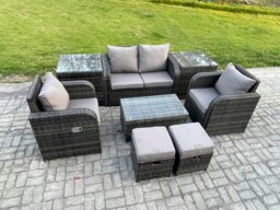Rackhams Outdoor Lounge Sofa Set 6 Seater Rattan Garden Furniture Set with Rectangular Coffee Table 2 Small Footstools 2 Side Tables Dark Grey Mixed - thumbnail 2