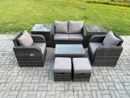 Rackhams Outdoor Lounge Sofa Set 6 Seater Rattan Garden Furniture Set with Rectangular Coffee Table 2 Small Footstools 2 Side Tables Dark Grey Mixed - thumbnail 1