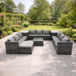 Rackhams 10 Seater U Shape Rattan Sofa Set Patio with 3 Sofas, Footstool, Coffee Table & 2 Side Tables - Dark Grey