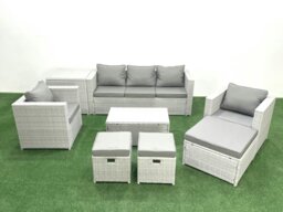 Rackhams Rattan Garden Outdoor Furniture Sofa Set with Rectangular Coffee Table 2 Chairs 3 Footstools Side Table Light Grey Mixed - thumbnail 1
