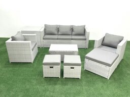 Rackhams Rattan Garden Outdoor Furniture Sofa Set with Rectangular Coffee Table 2 Chairs 3 Footstools Side Table Light Grey Mixed - thumbnail 2