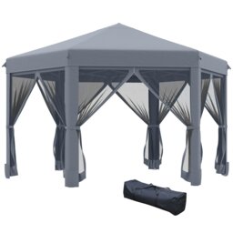 Rackhams 3.2m Pop Up Gazebo Hexagonal Canopy Tent Outdoor w/Sidewalls Grey - Grey - Steel, Polyester - 380cm x 320cm x 265cm - thumbnail 2