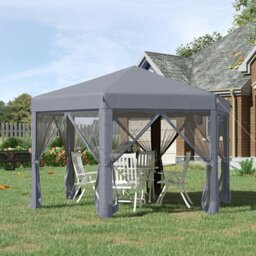 Rackhams 3.2m Pop Up Gazebo Hexagonal Canopy Tent Outdoor w/Sidewalls Grey - Grey - Steel, Polyester - 380cm x 320cm x 265cm - thumbnail 1