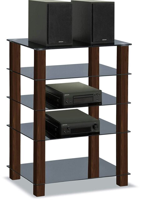 Rackhams TRINITY Gloss Black 5 Shelf with Walnut Legs Flat Screen TV Rack Glass Stand - image 1