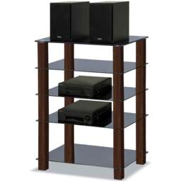 Rackhams TRINITY Gloss Black 5 Shelf with Walnut Legs Flat Screen TV Rack Glass Stand - thumbnail 3