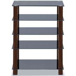 Rackhams TRINITY Gloss Black 5 Shelf with Walnut Legs Flat Screen TV Rack Glass Stand - thumbnail 5