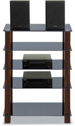 Rackhams TRINITY Gloss Black 5 Shelf with Walnut Legs Flat Screen TV Rack Glass Stand - thumbnail 2